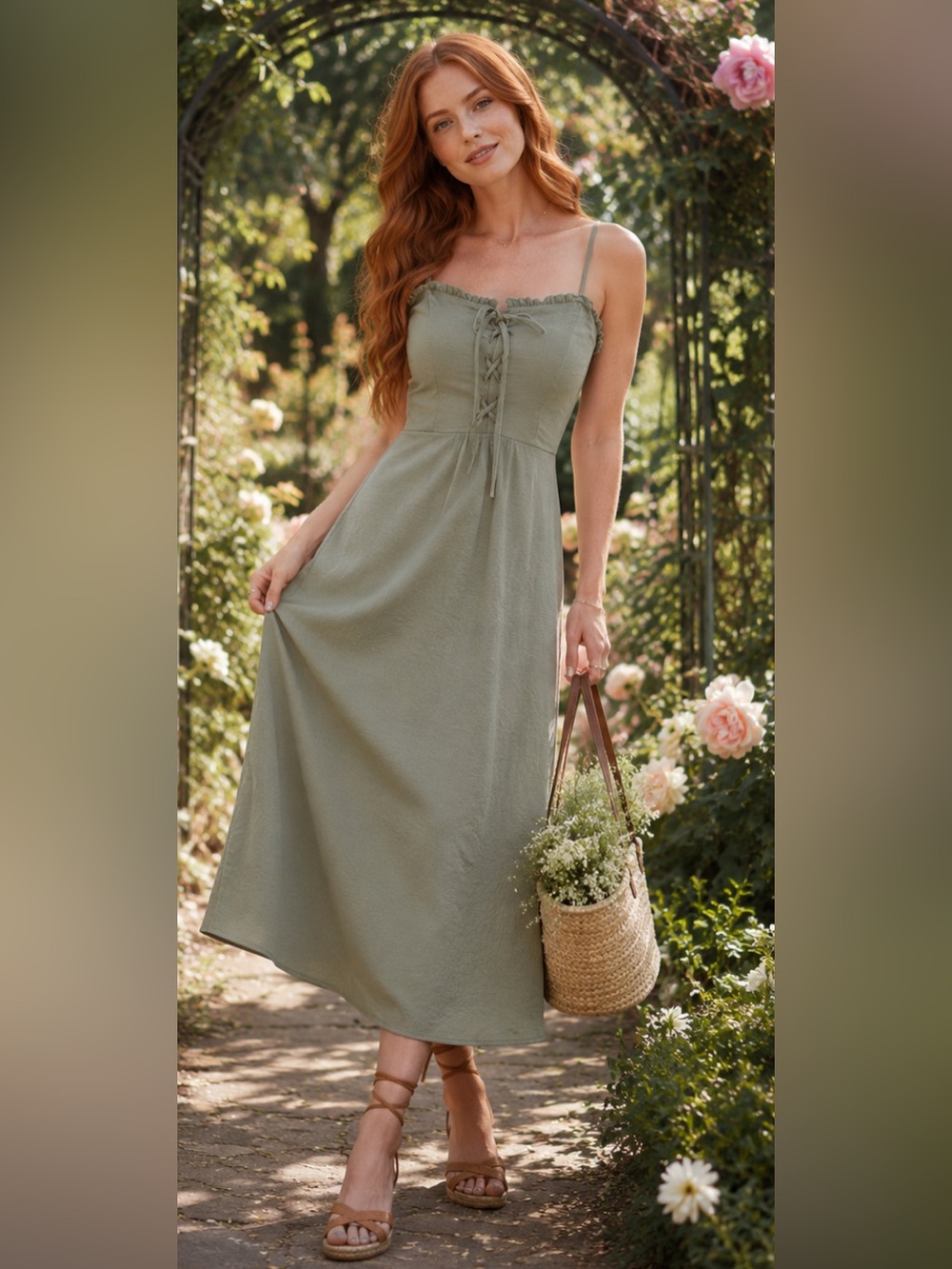 Cottagecore boho chic romantic garden party Olive-Tone textured knit Midi Dress